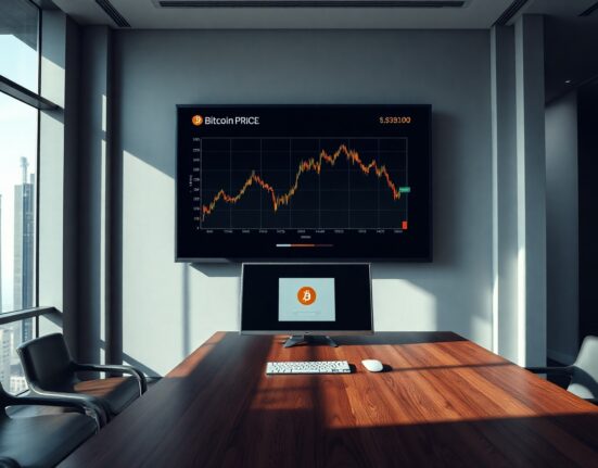 Corporate office with Bitcoin price chart on screen and transaction monitor