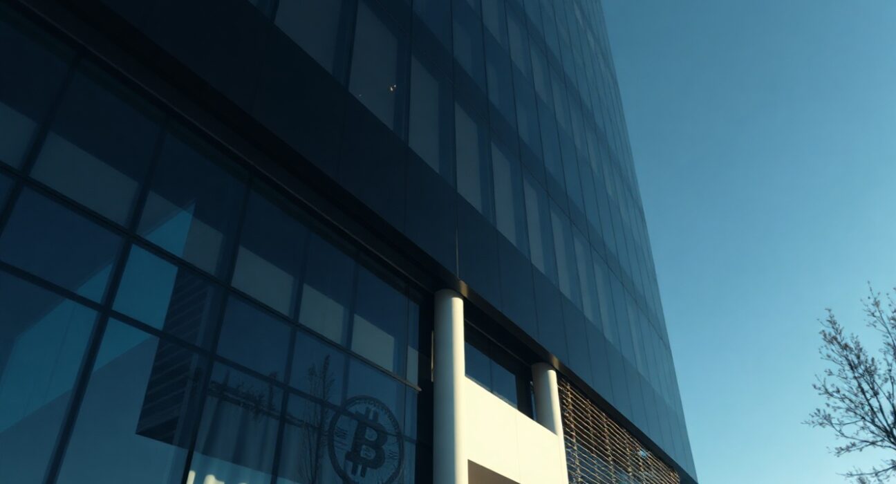 Strategy corporate office building with Bitcoin symbol reflections, representing the company's BTC sale and stock buyback.
