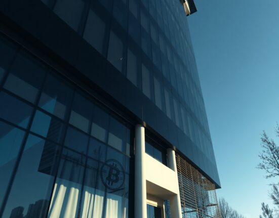 Strategy corporate office building with Bitcoin symbol reflections, representing the company's BTC sale and stock buyback.