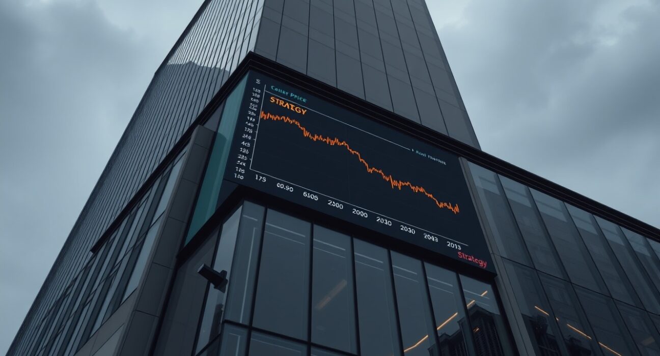 Strategy corporate building with a Bitcoin price chart showing a decline, reflecting the company's Q2 loss and stock drop.
