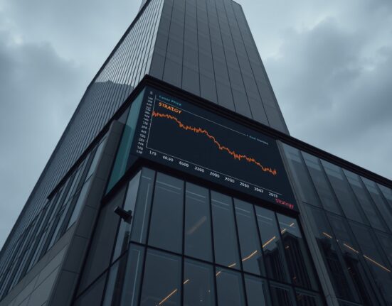 Strategy corporate building with a Bitcoin price chart showing a decline, reflecting the company's Q2 loss and stock drop.