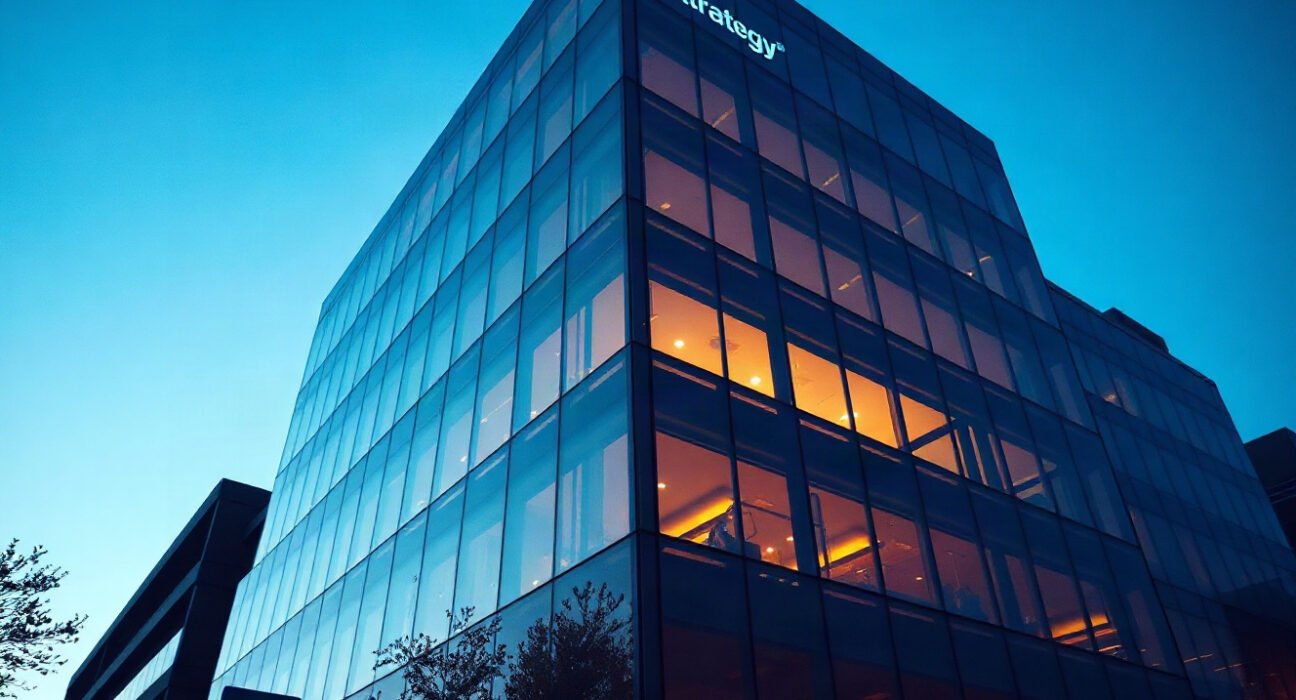 Strategy corporate headquarters at dusk, symbolizing stock rally and Bitcoin treasury growth