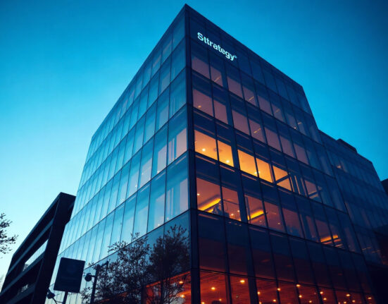 Strategy corporate headquarters at dusk, symbolizing stock rally and Bitcoin treasury growth
