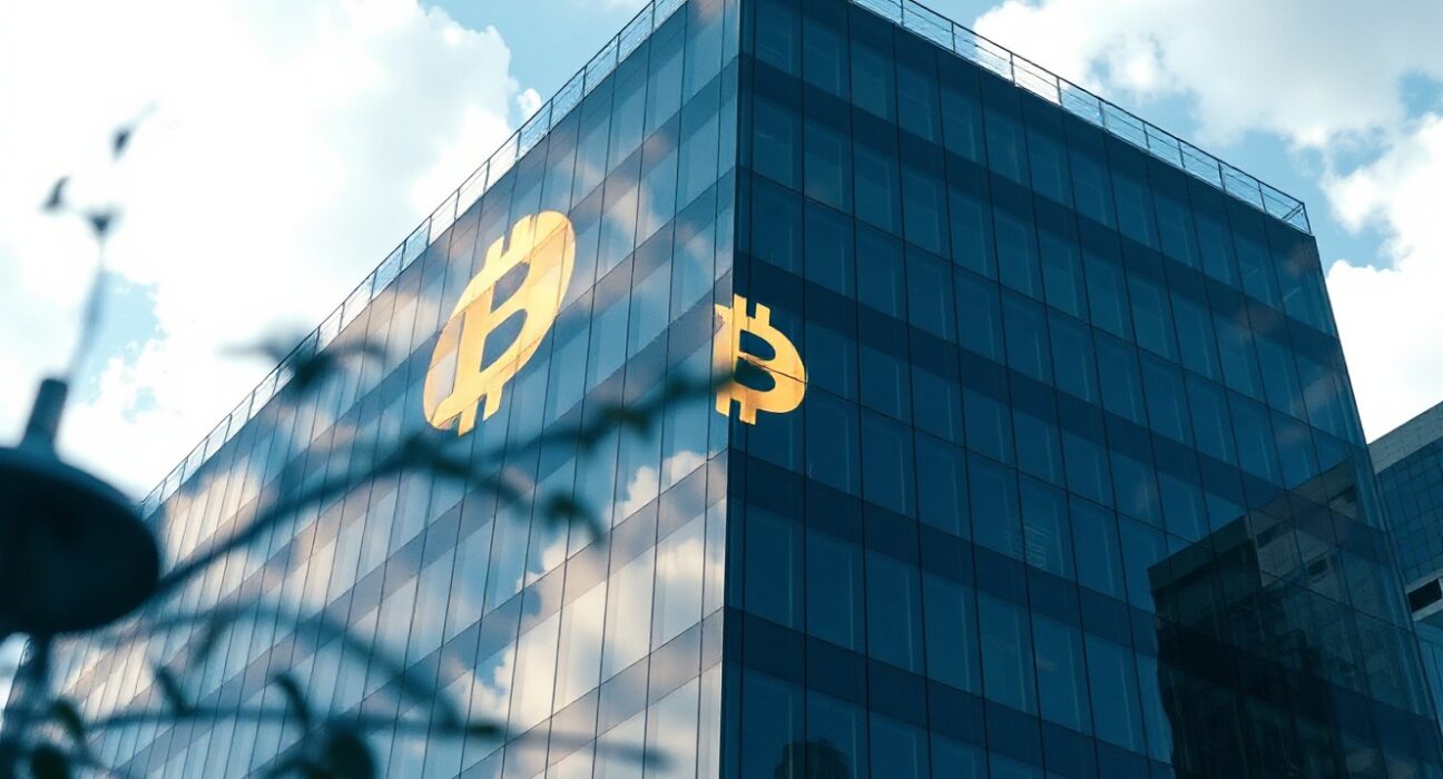 Corporate headquarters building with Bitcoin symbol reflection, representing Strategy's changing Bitcoin strategy.