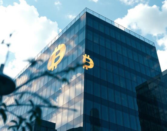 Corporate headquarters building with Bitcoin symbol reflection, representing Strategy's changing Bitcoin strategy.