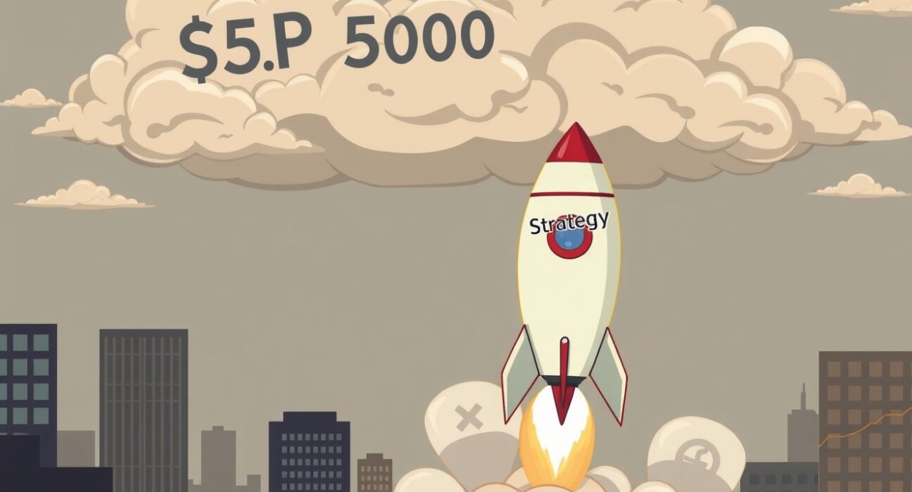 Failed S&P 500 inclusion attempt showing Strategy cryptocurrency rocket unable to reach stock market success