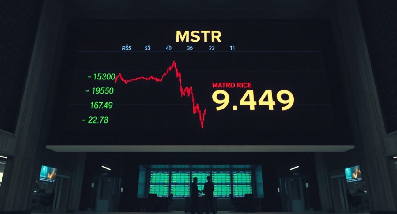 Stock exchange display showing MSTR stock price at $99.49 with a red downward trend.