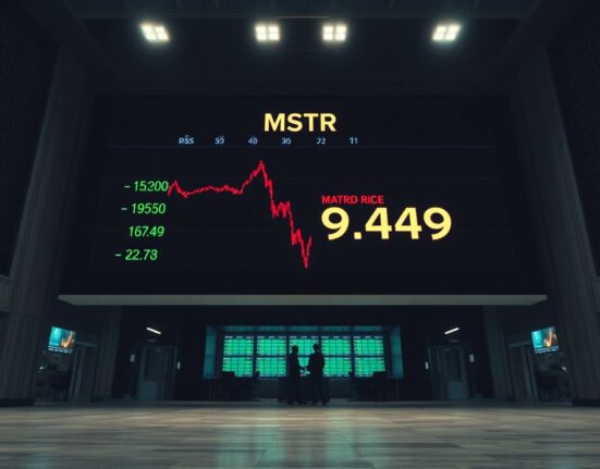 Stock exchange display showing MSTR stock price at $99.49 with a red downward trend.
