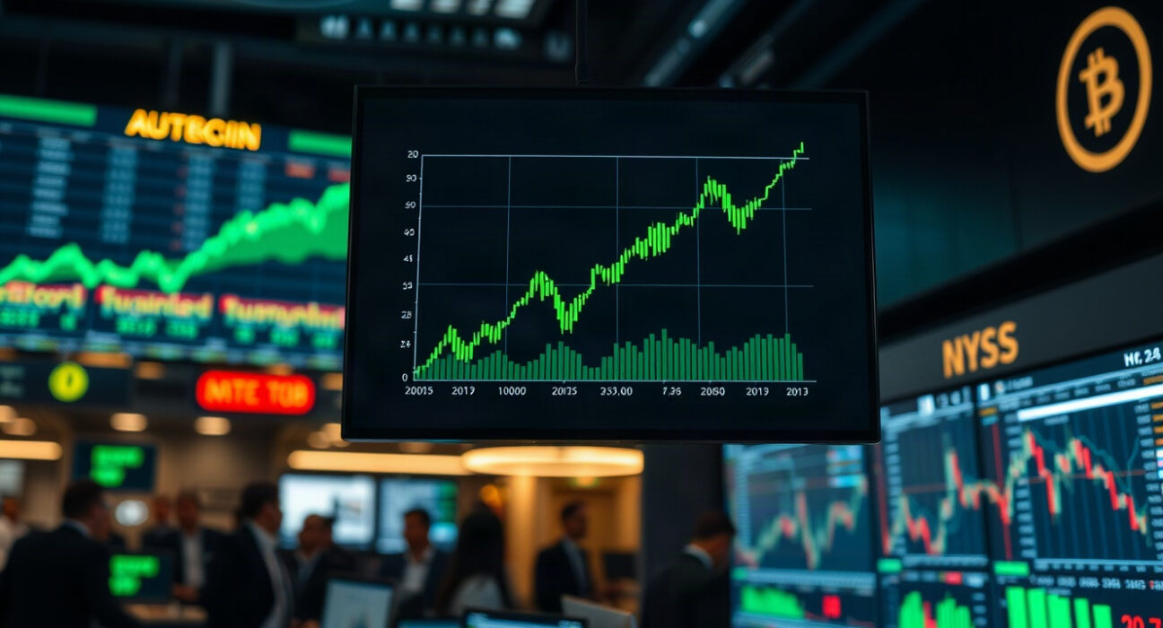 Trading screen showing a rising stock chart, representing Strategy's share price surge.