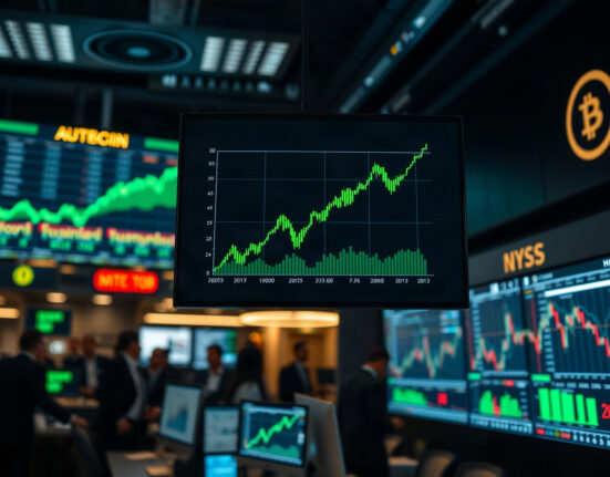 Trading screen showing a rising stock chart, representing Strategy's share price surge.