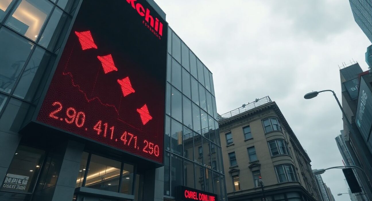 A financial district building with a digital stock ticker showing red downward indicators, symbolizing a sharp stock decline.