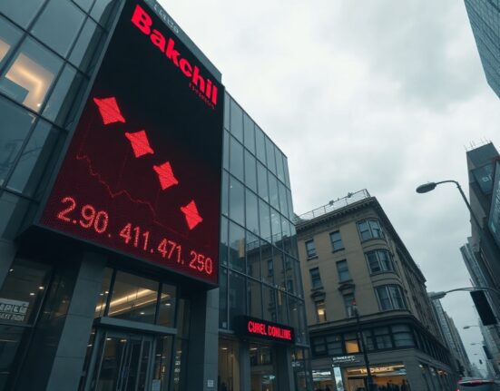 A financial district building with a digital stock ticker showing red downward indicators, symbolizing a sharp stock decline.
