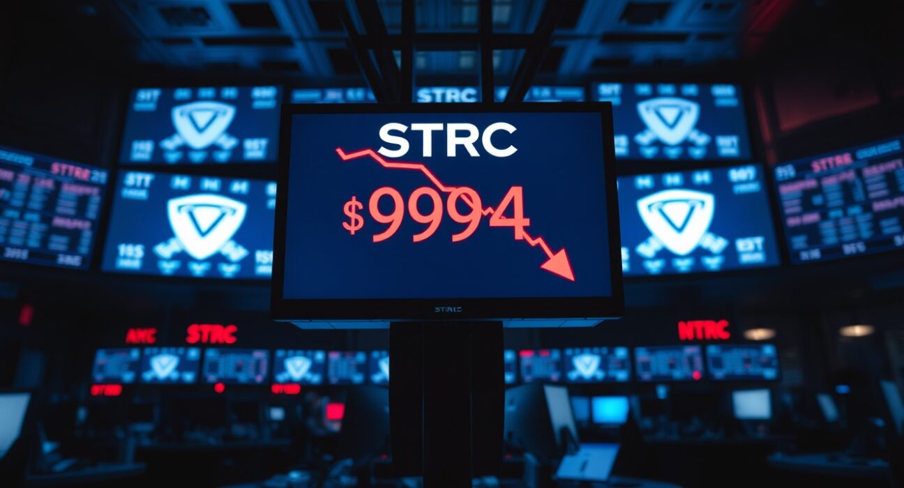 Stock ticker showing STRC at $94.84 with red downward arrow on a trading floor.