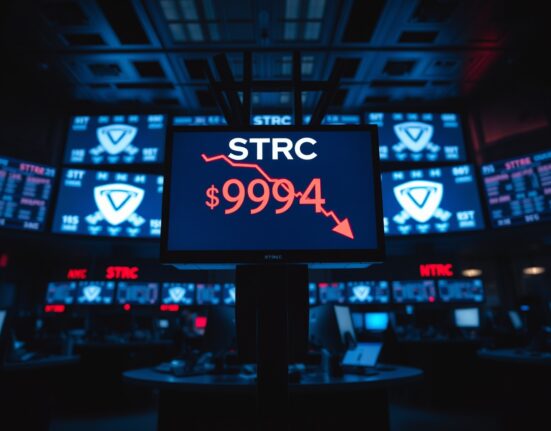 Stock ticker showing STRC at $94.84 with red downward arrow on a trading floor.