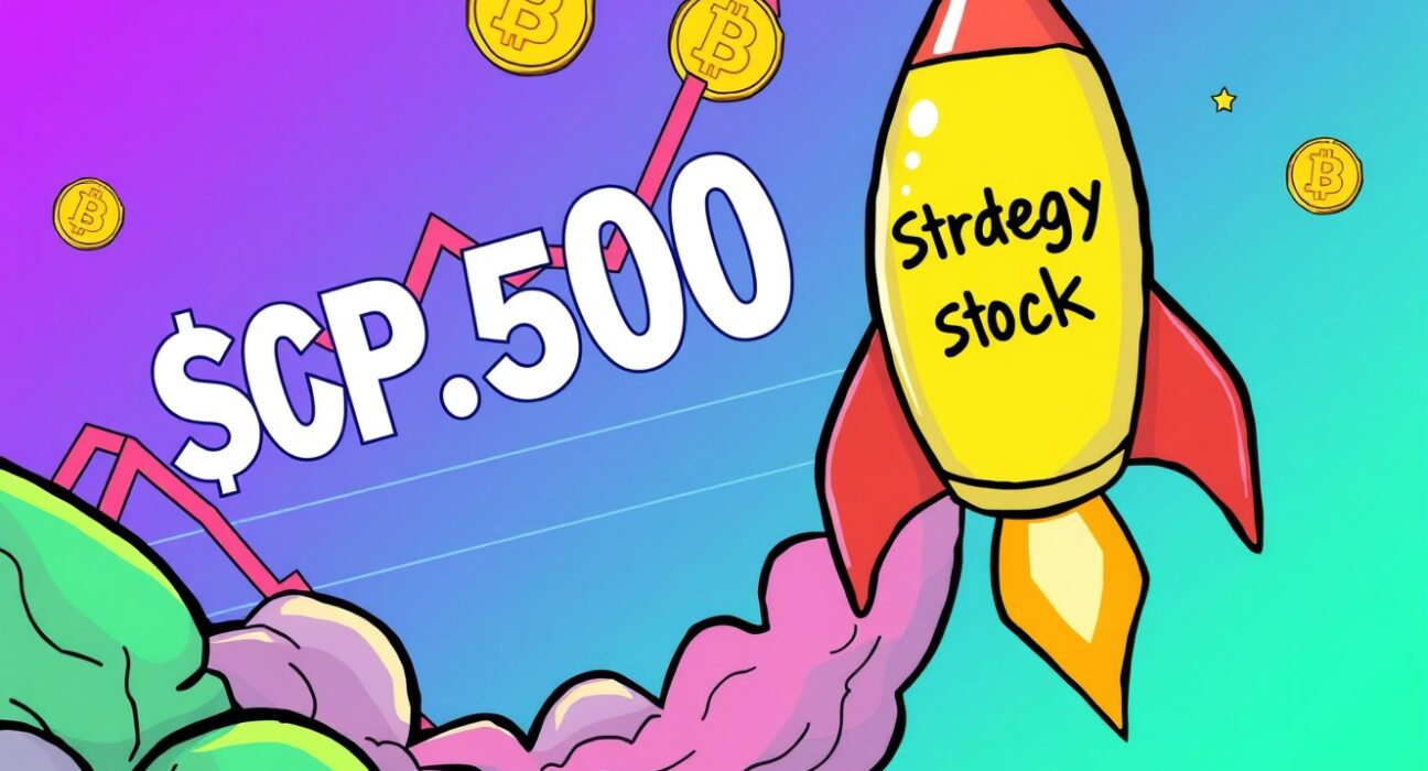 Strategy stock rocket launching toward S&P 500 chart with Bitcoin symbols in vibrant cartoon style
