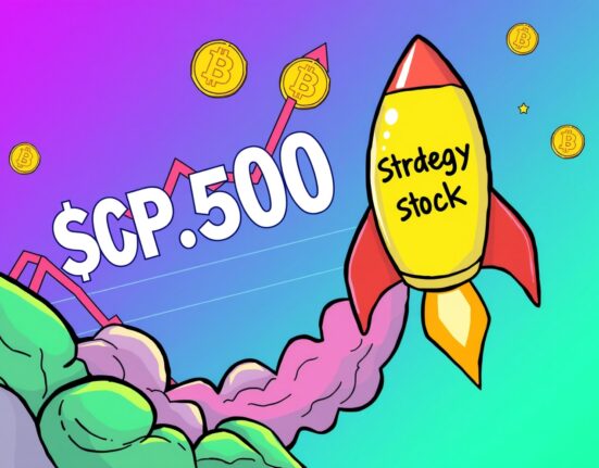 Strategy stock rocket launching toward S&P 500 chart with Bitcoin symbols in vibrant cartoon style
