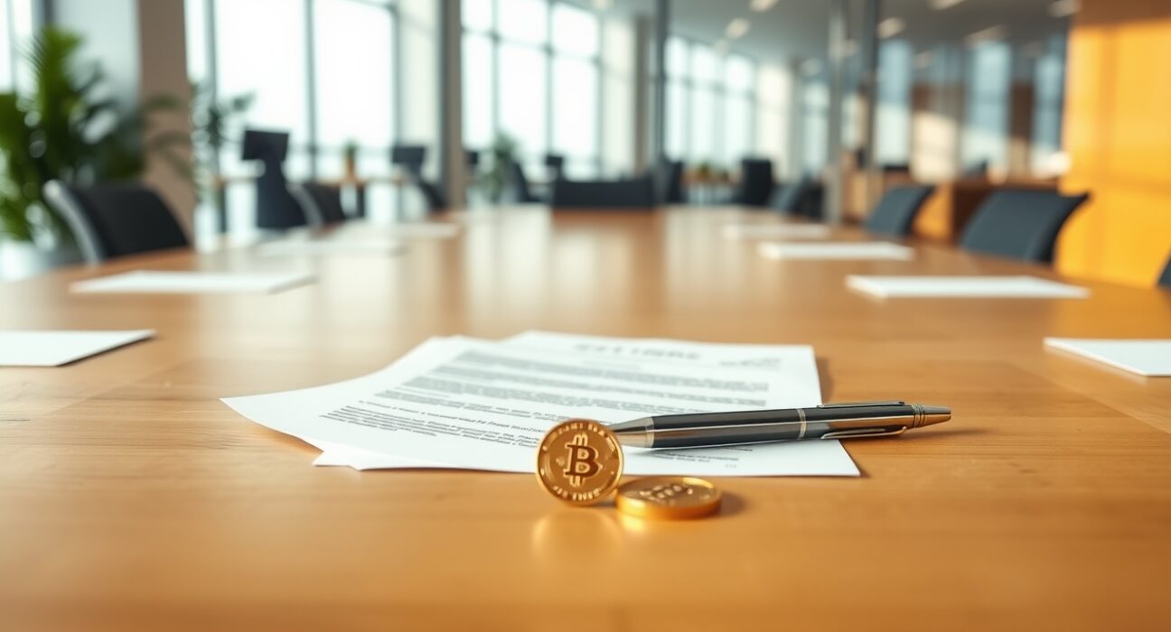 Boardroom table with STRC dividend proposal document and a Bitcoin coin
