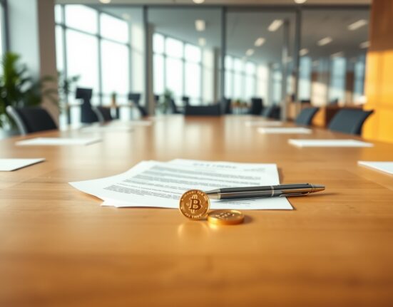 Boardroom table with STRC dividend proposal document and a Bitcoin coin