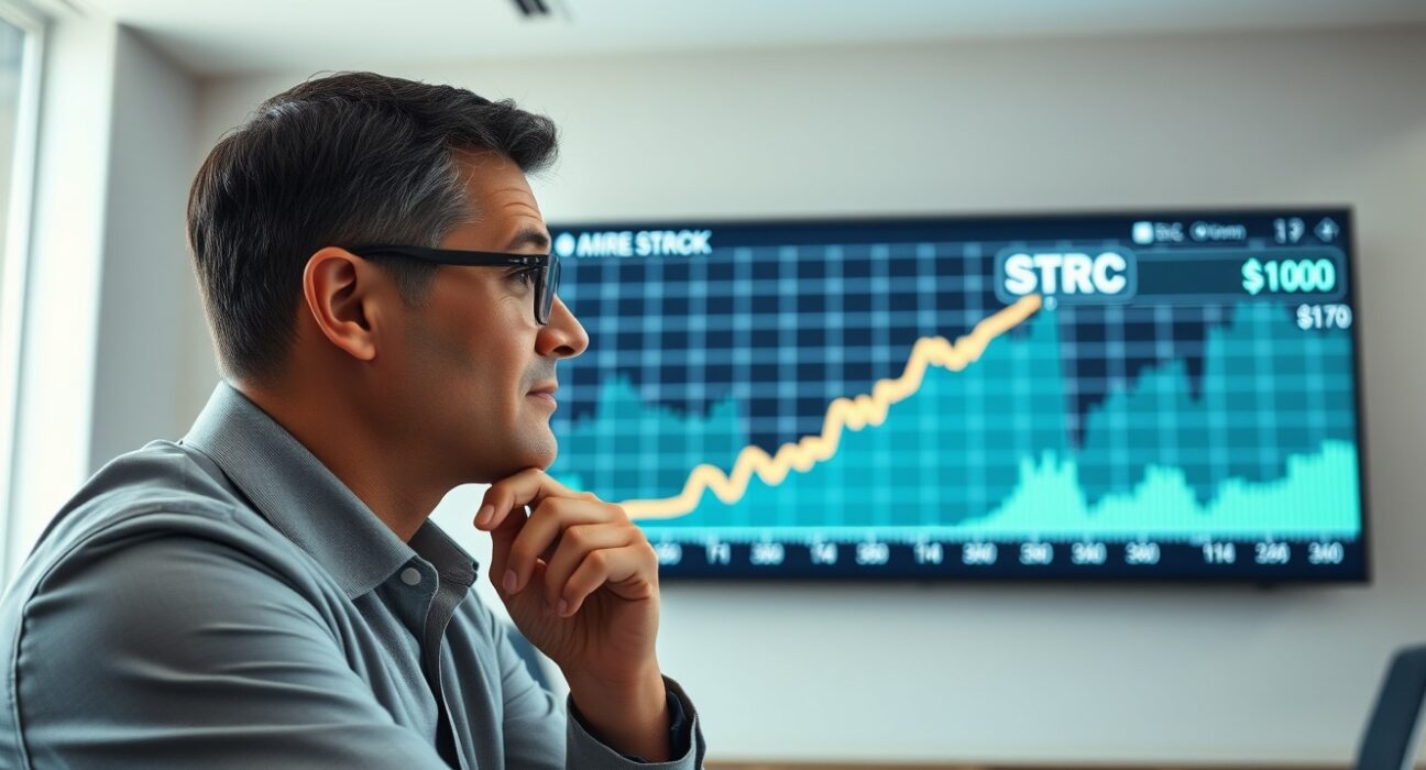 Financial analyst reviewing a stock chart for Strategy's STRC preferred stock in a modern office