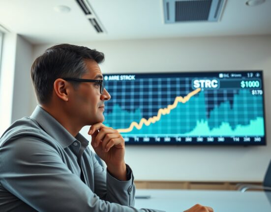 Financial analyst reviewing a stock chart for Strategy's STRC preferred stock in a modern office