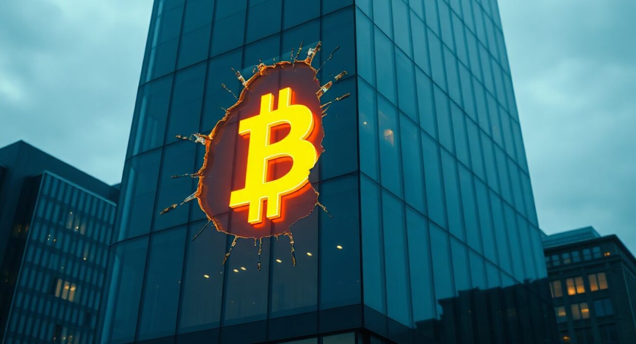 Corporate building facade with a fading Bitcoin symbol, representing Strategy's risky financing pivot.