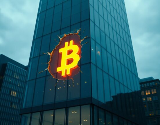Corporate building facade with a fading Bitcoin symbol, representing Strategy's risky financing pivot.