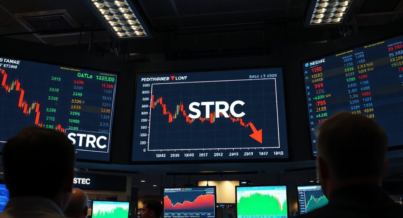 Financial trading floor with screens showing STRC stock price decline