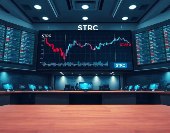Financial trading screens showing STRC stock chart with a steep decline in a modern newsroom setting