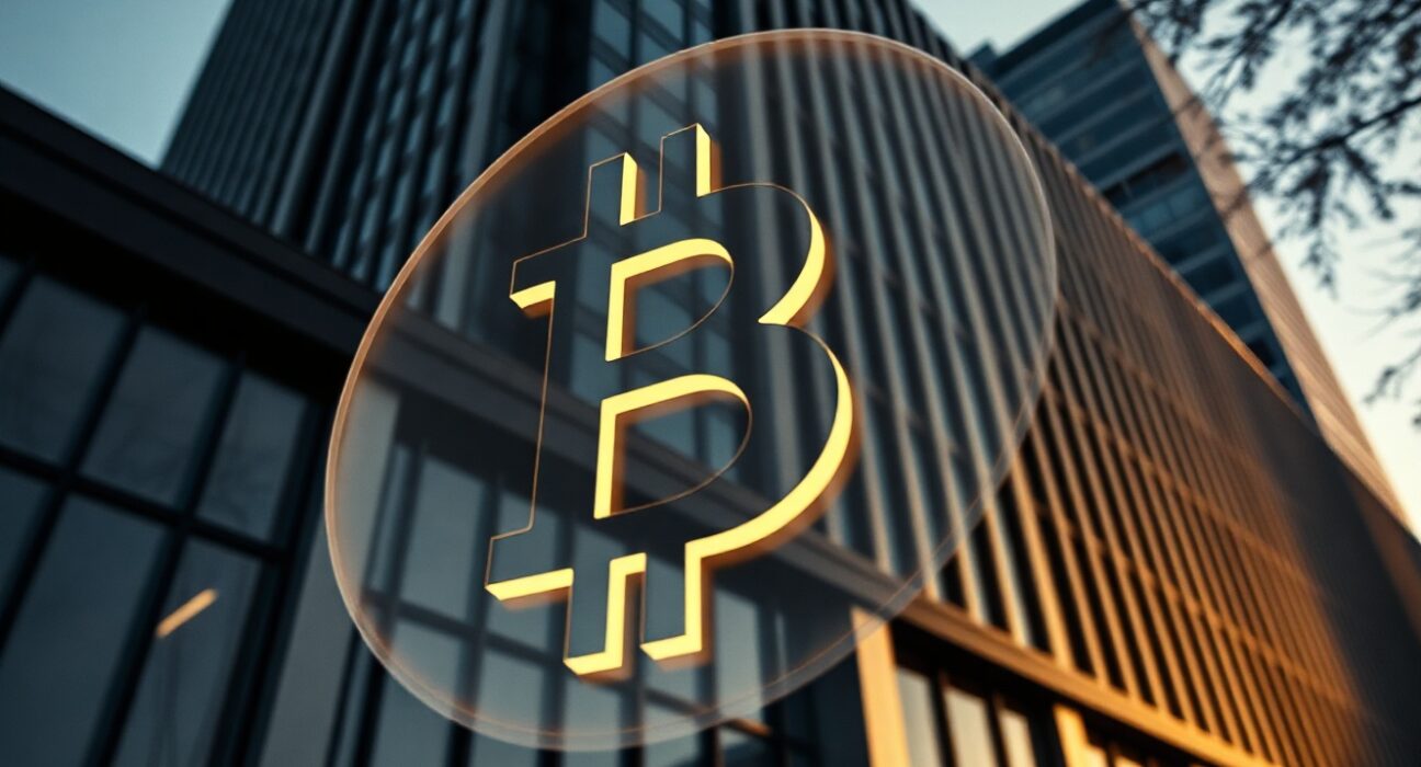 Bitcoin symbol hovering over a corporate office building, representing Strategy's crypto-focused financial strategy