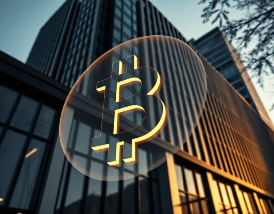 Bitcoin symbol hovering over a corporate office building, representing Strategy's crypto-focused financial strategy
