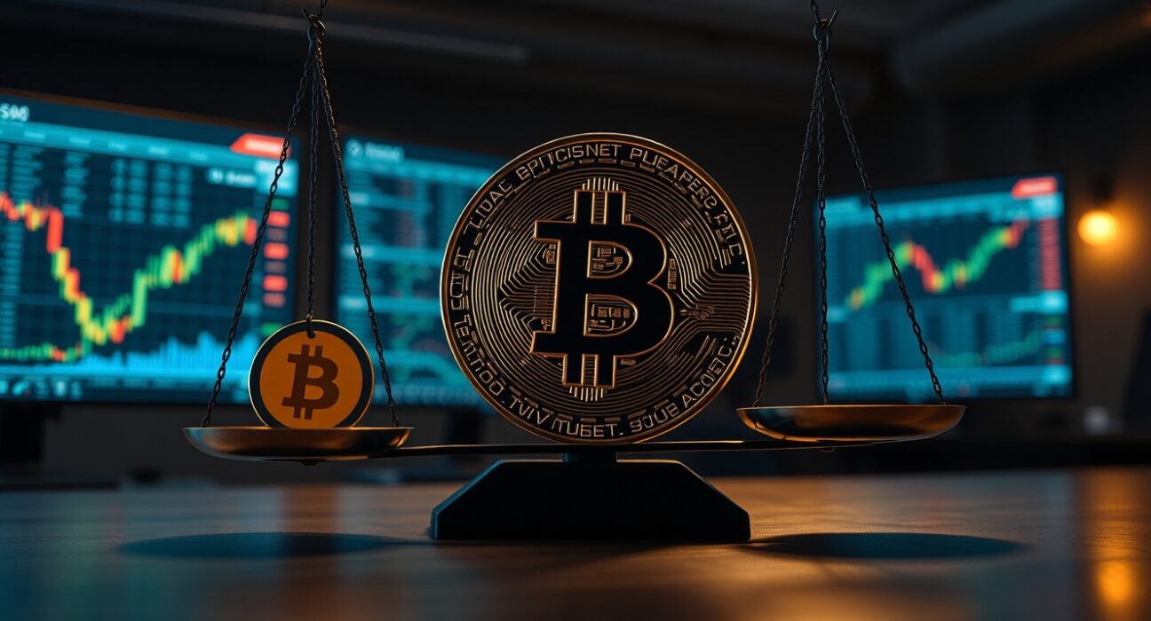 Bitcoin coin on scale outweighing Dogecoin in financial trading office