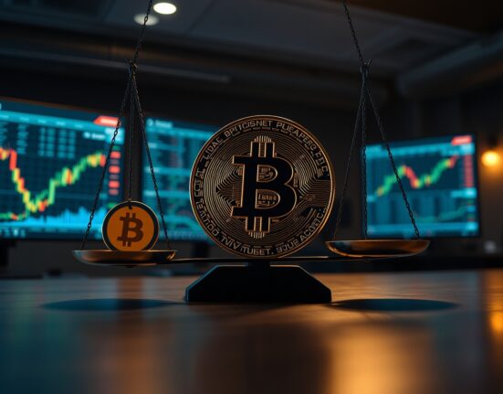 Bitcoin coin on scale outweighing Dogecoin in financial trading office