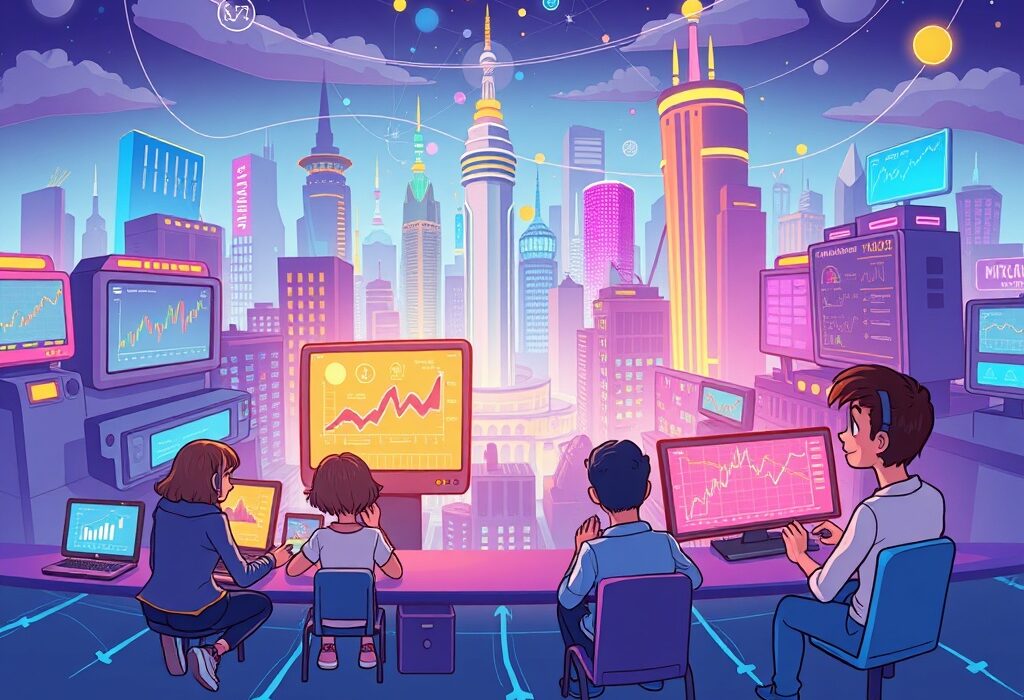 A cartoon illustration showing the Stratis blockchain evolving to integrate DeFi and gaming, symbolizing a seamless digital future and the impact of Stratis rebrands.