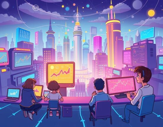 A cartoon illustration showing the Stratis blockchain evolving to integrate DeFi and gaming, symbolizing a seamless digital future and the impact of Stratis rebrands.