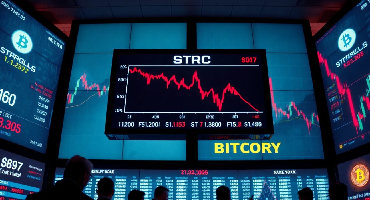 Financial trading floor with screens showing STRC stock and Bitcoin charts in decline.