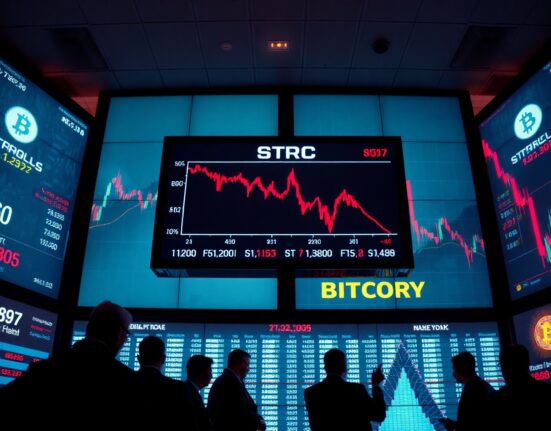 Financial trading floor with screens showing STRC stock and Bitcoin charts in decline.
