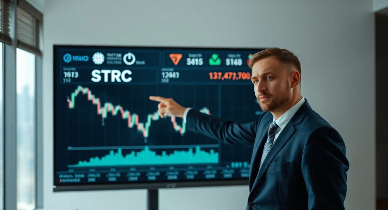 Financial analyst pointing at a screen showing a declining STRC stock chart in a modern office.