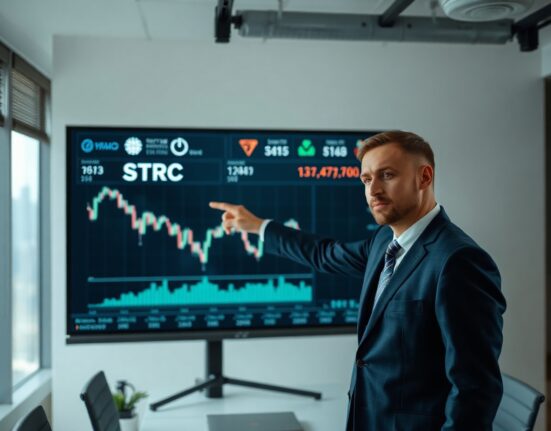 Financial analyst pointing at a screen showing a declining STRC stock chart in a modern office.