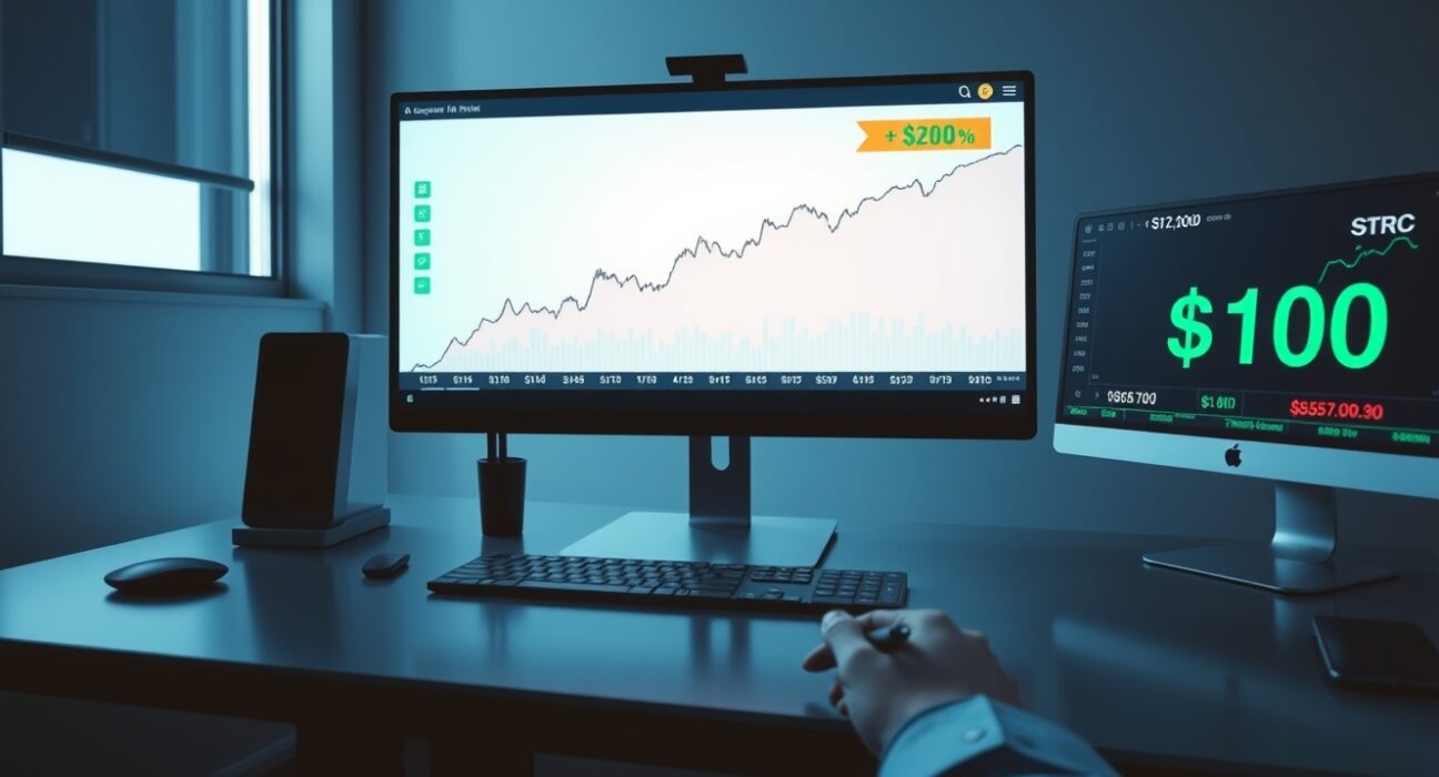 Financial trading desk monitors showing Bitcoin price chart with mid-month rally and STRC stock ticker