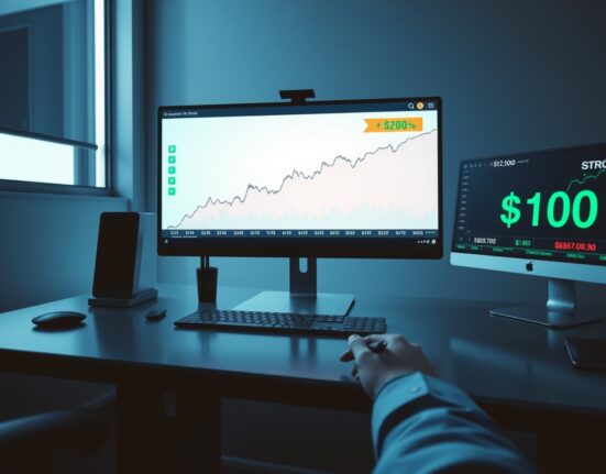 Financial trading desk monitors showing Bitcoin price chart with mid-month rally and STRC stock ticker