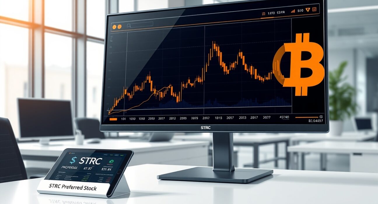 STRC preferred stock Bitcoin acquisition shown on professional trading desk monitor