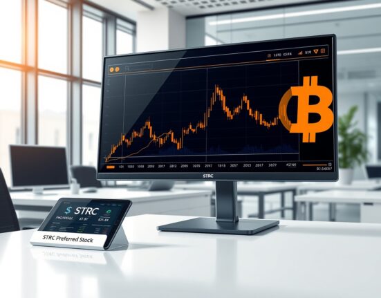 STRC preferred stock Bitcoin acquisition shown on professional trading desk monitor
