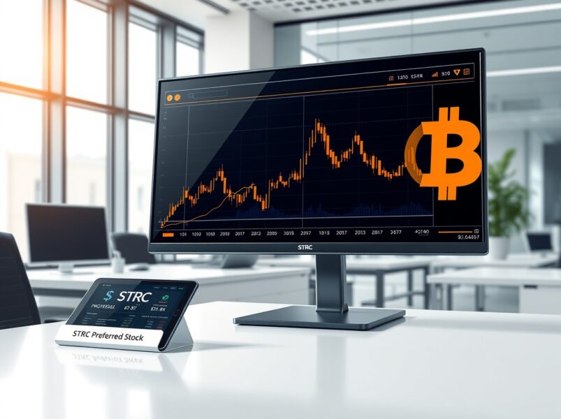 STRC preferred stock Bitcoin acquisition shown on professional trading desk monitor