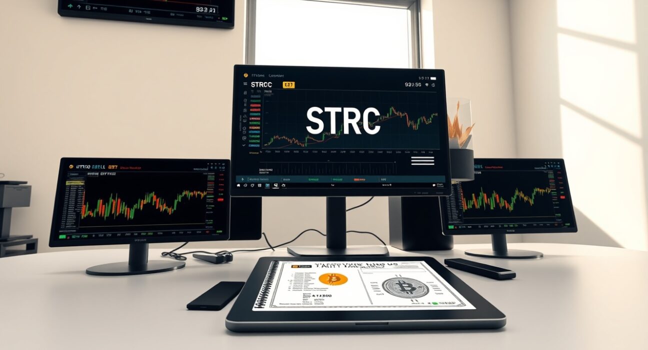 STRC preferred stock and Bitcoin convergence on professional trading desk showing crypto treasury firm operations