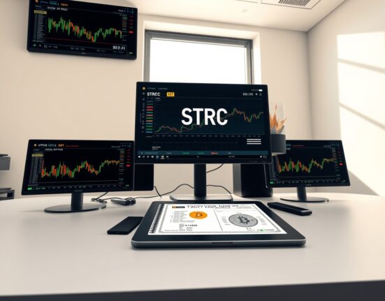 STRC preferred stock and Bitcoin convergence on professional trading desk showing crypto treasury firm operations