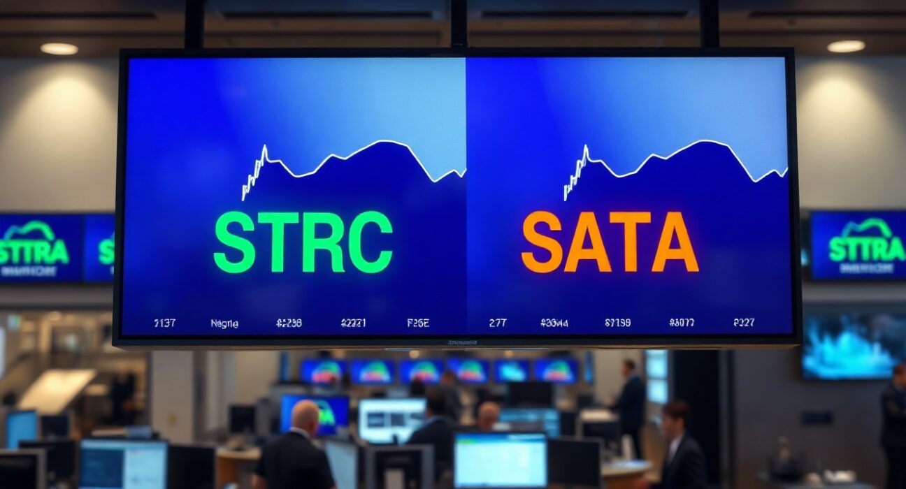 Stock market display showing STRC and SATA tickers with trading volume data on a financial trading floor