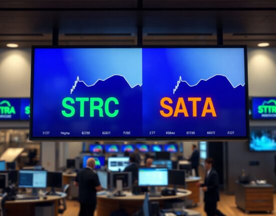 Stock market display showing STRC and SATA tickers with trading volume data on a financial trading floor
