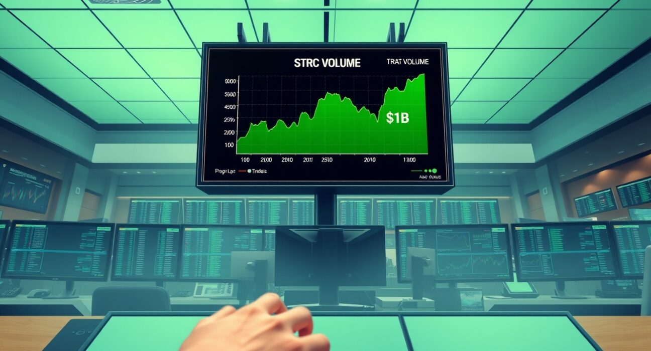 STRC trading volume chart hitting $1.1 billion record on a financial data screen