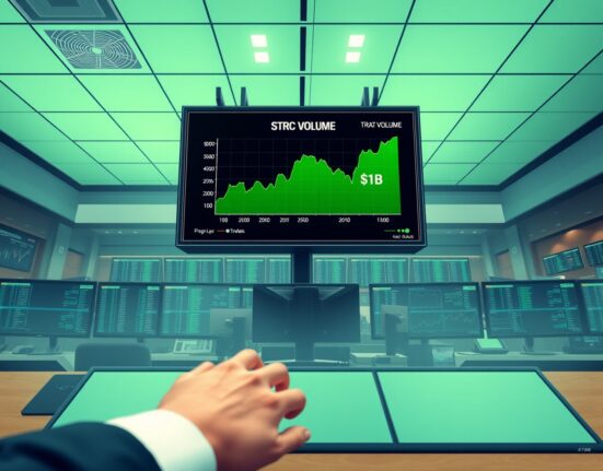 STRC trading volume chart hitting $1.1 billion record on a financial data screen