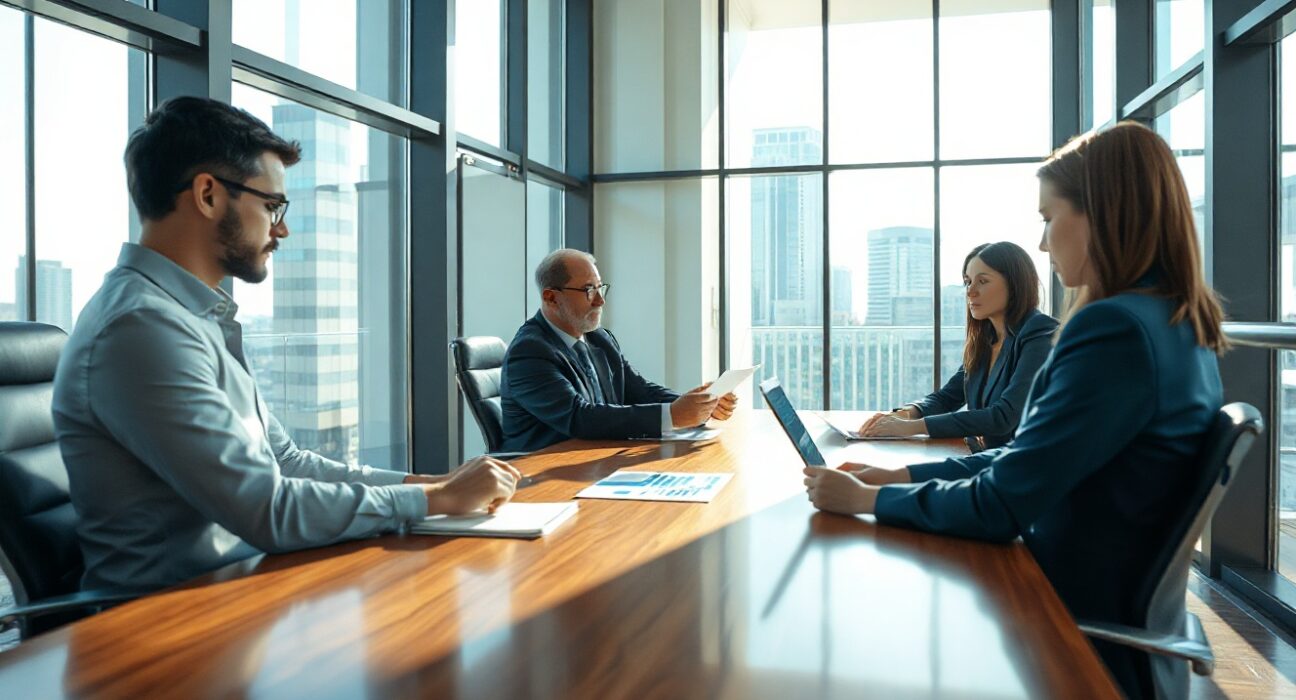 Professionals in a glass-walled conference room reviewing financial documents and charts on a laptop.